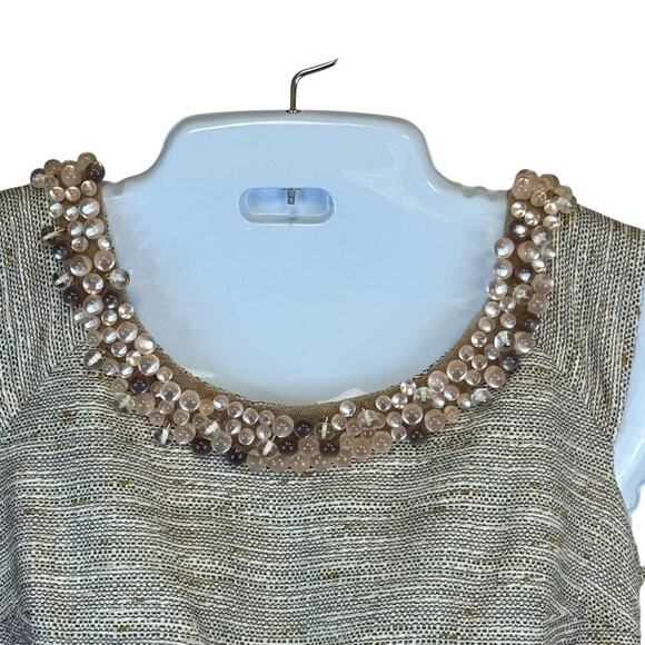 ETCETERA Beige Gold Sleeveless Tweed Sheath Dress Beaded Collar Belted Women's 2 - Picture 2 of 9